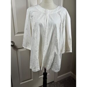Liz & Me 1X White Floral Embroidered Cotton 3/4 Sleeve Button‎ Down Top Blouse